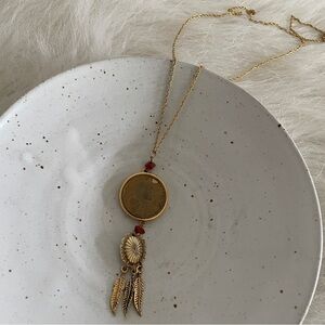 Vintage Sacagawea Gold Pendant Necklace with Red Accents & feathers